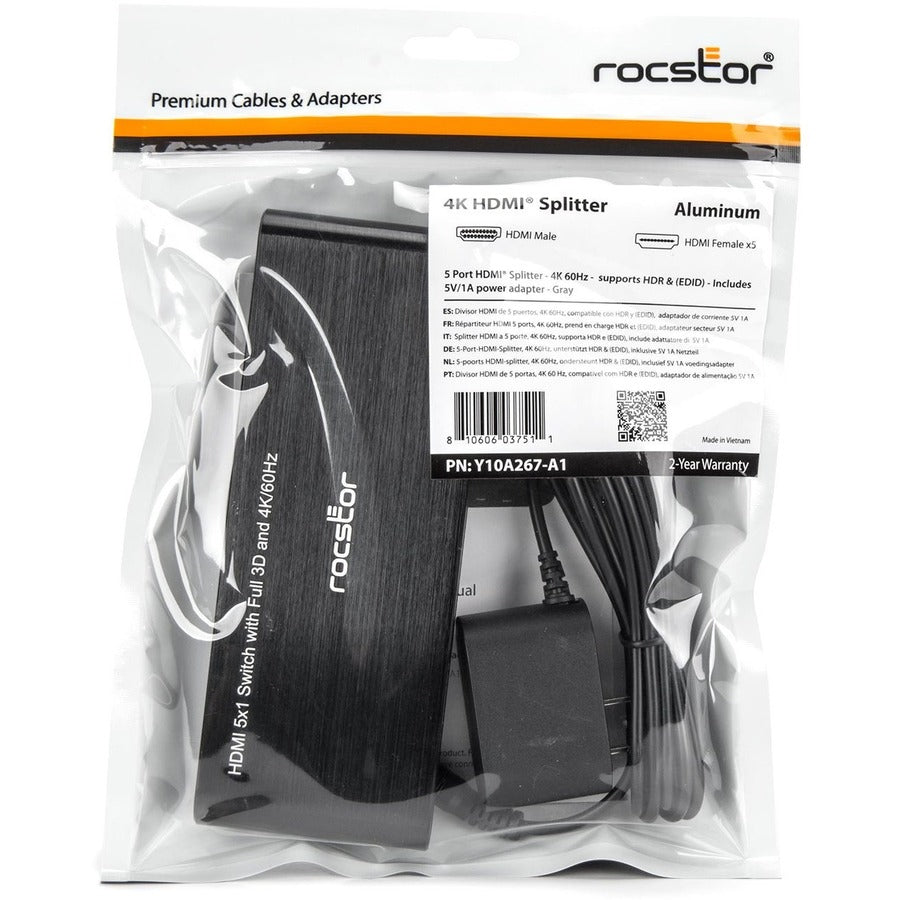 Rocstor 5 Port Hdmi (2.0) Splitter 4K/60Hz Supports Hdr & (Edid)
