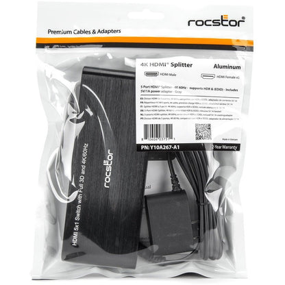 Rocstor 5 Port Hdmi (2.0) Splitter 4K/60Hz Supports Hdr & (Edid)