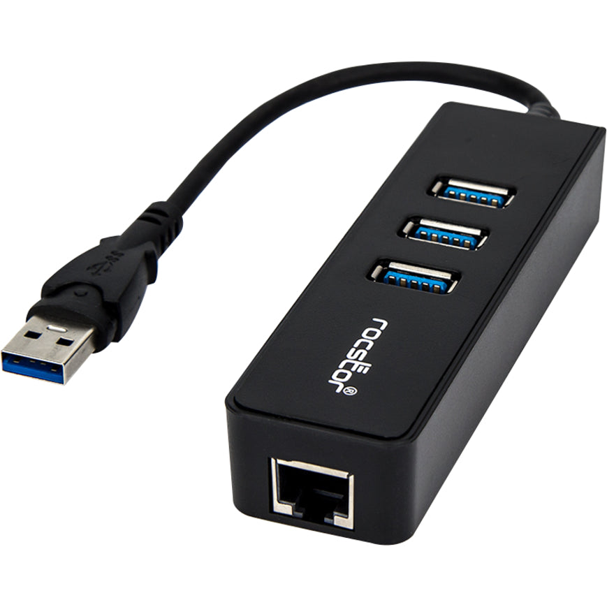 Rocstor Premium 3 Port Portable Usb 3.0 Hub With Gigabit Ethernet 10/100/1000- External Portable 3 Port Usb Hub With Gbe Adapter - Built-In Cable - Usb - 3 Usb Port(S) - 1 Network (Rj-45) Port(S) - Black - Pc, Mac Usb 3 Hub & Network Adapter