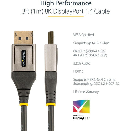 Startech.Com 3Ft (1M) Vesa Certified Displayport 1.4 Cable - 8K 60Hz Hdr10 - Ultra Hd 4K 120Hz Video