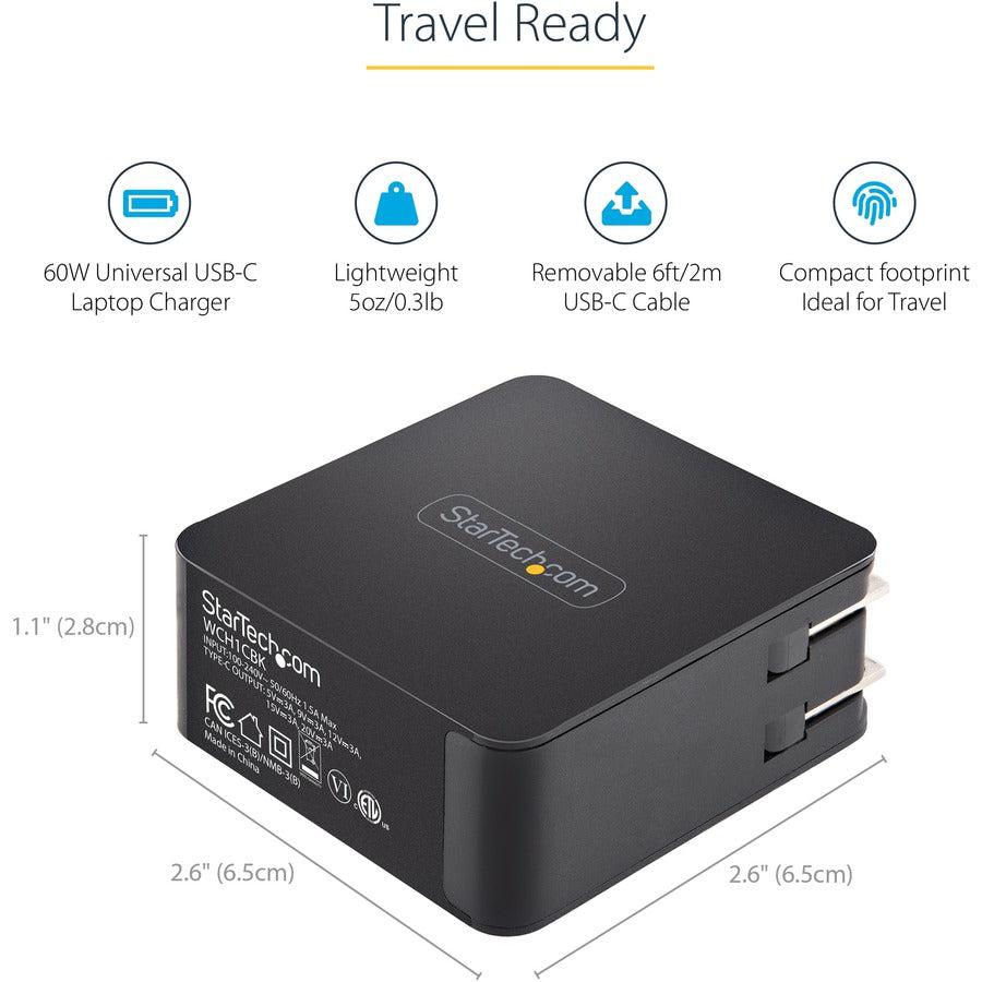 Startech.Com Usb C Wall Charger - Usb C Laptop Charger 60W Pd - 6Ft/2M Cable - Universal Compact