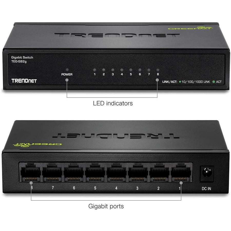 Trendnet 8-Port Gigabit Greennet Switch, Ethernet Network Switch, 8 X 10-100-1000 Mbps Gigabit Ethernet Ports, 16 Gbps Switching Capacity, Metal, Lifetime Protection, Black, Teg-S82G