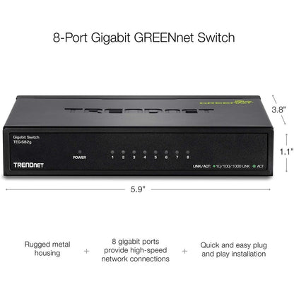 Trendnet 8-Port Gigabit Greennet Switch, Ethernet Network Switch, 8 X 10-100-1000 Mbps Gigabit Ethernet Ports, 16 Gbps Switching Capacity, Metal, Lifetime Protection, Black, Teg-S82G