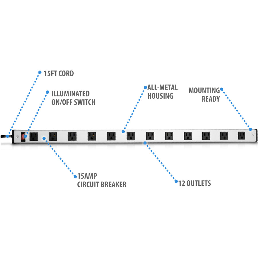 12 Out Industrial Power Strip,Alum 15Ft Cord 125V 15A 5-15P 33In