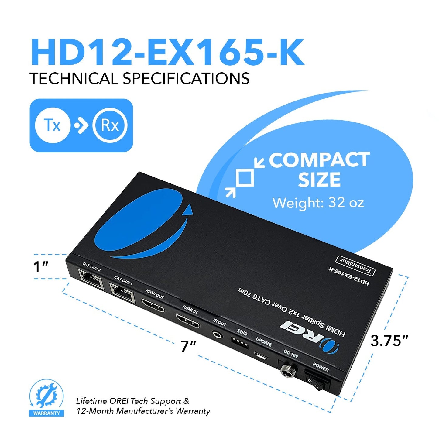 1x2 HDMI Extender Splitter Over CAT6/7 Up to 165 Ft- Loop-Out, IR Control & EDID (HD12-EX165-K)