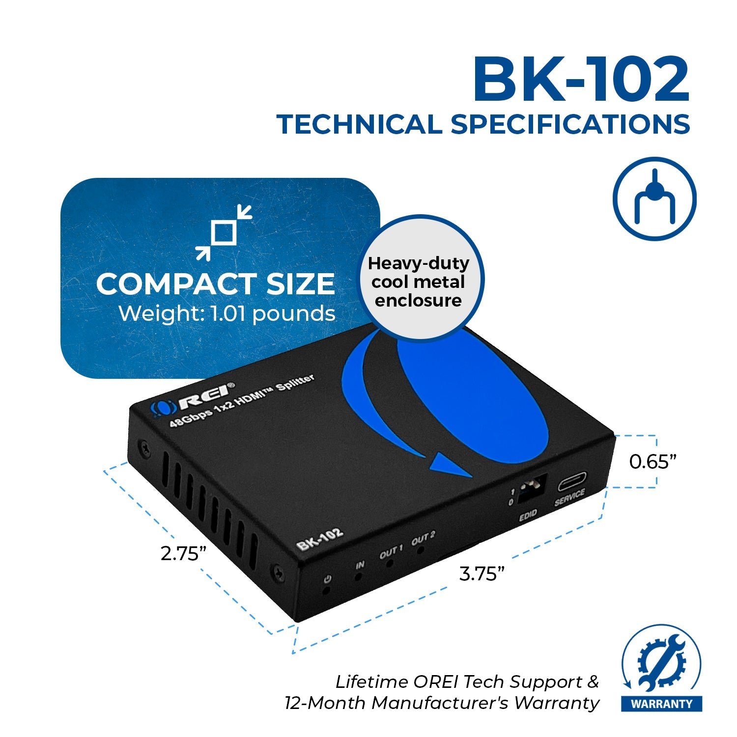 1x2 HDMI Splitter W/ Audio Out: 1-In 2-Out, UltraHD 8K, EDID (BK-102)