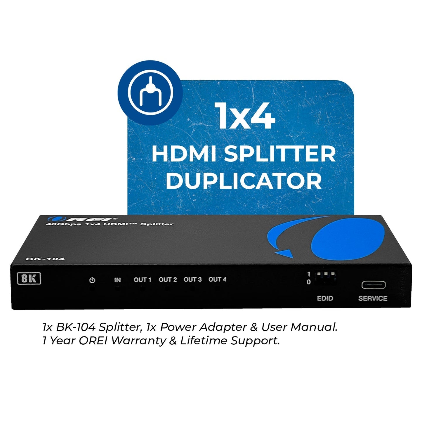 1x4 HDMI Splitter W/ Audio Out: 1-In 4-Out, UltraHD 8K, EDID (BK-104)