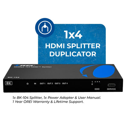 1x4 HDMI Splitter W/ Audio Out: 1-In 4-Out, UltraHD 8K, EDID (BK-104)