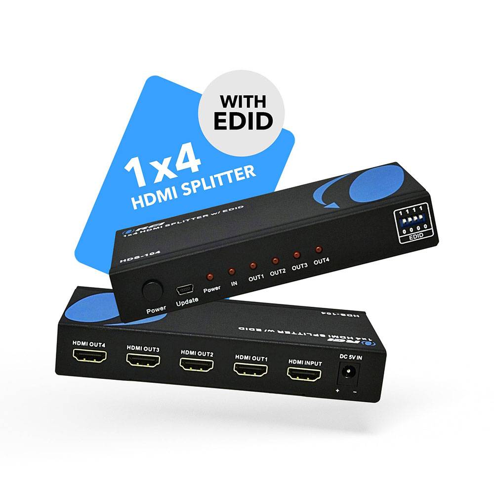 1x4 HDMI Splitter with Power Adapter : 1-in 4-out, EDID (HDS-104)