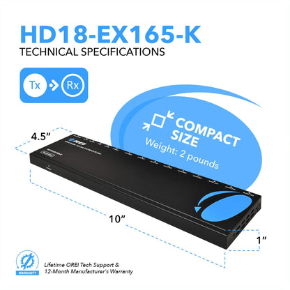 1x8 HDMI Extender Splitter Over CAT6/7 Upto 165 Ft- Loop-out, IR Control & EDID (HD18-EX165-K)