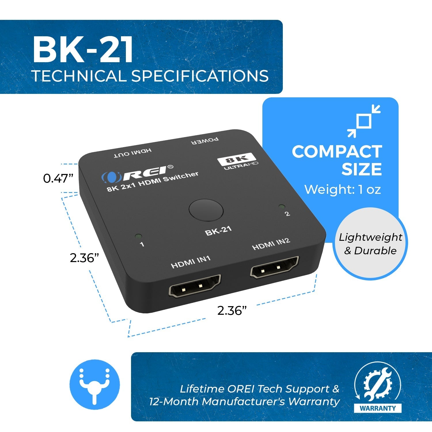 2 in 1 out 8K HDMI Switch with Audio Extraction, EDID management, HDR10+ & Dolby Vision (BK-21)