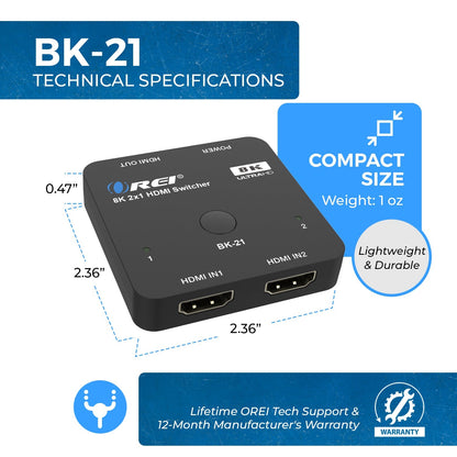 2 in 1 out 8K HDMI Switch with Audio Extraction, EDID management, HDR10+ & Dolby Vision (BK-21)