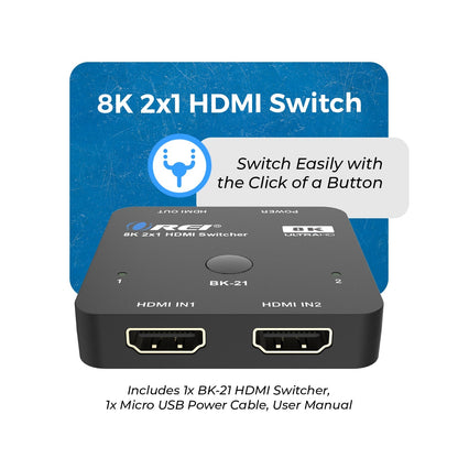 2 in 1 out 8K HDMI Switch with Audio Extraction, EDID management, HDR10+ & Dolby Vision (BK-21)