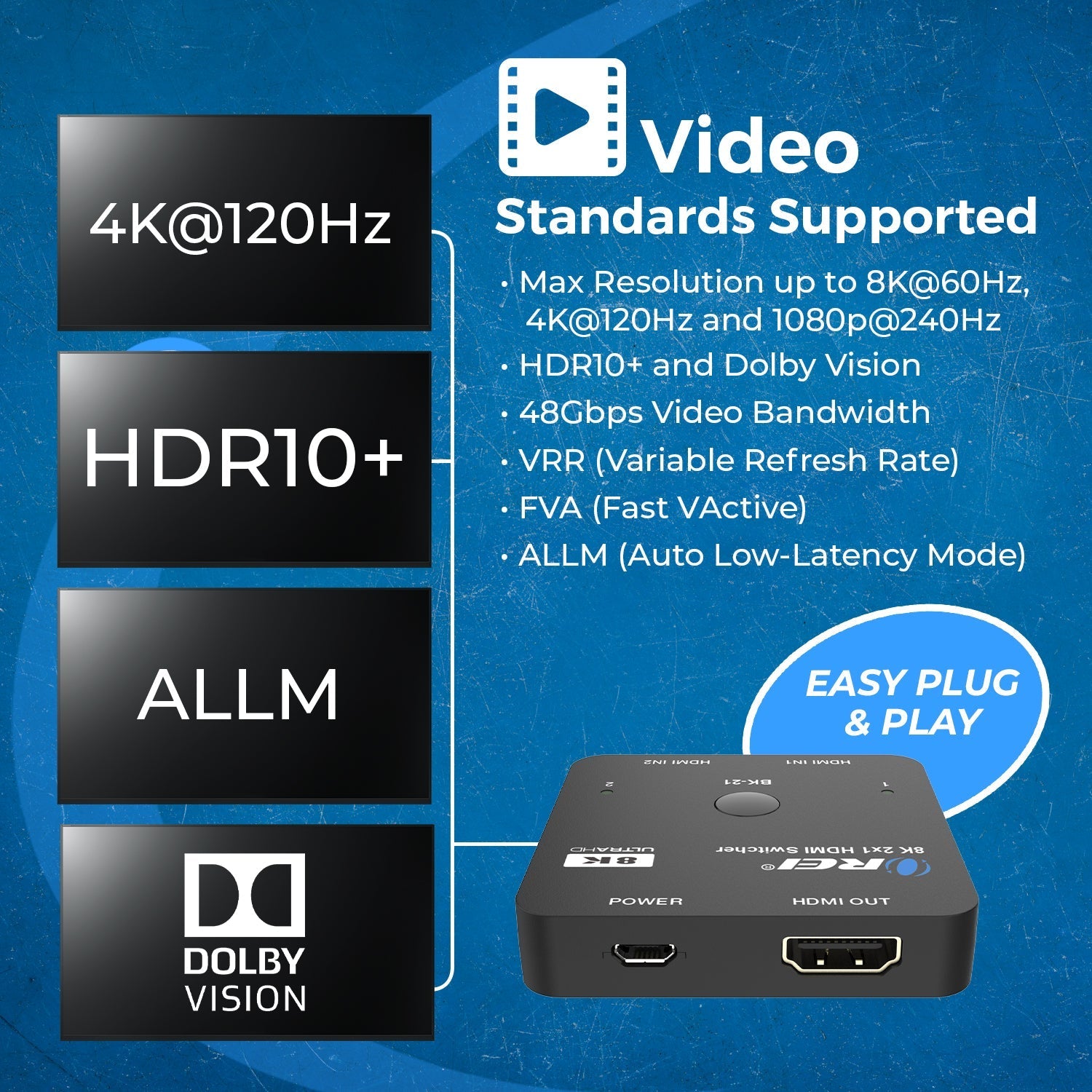 2 in 1 out 8K HDMI Switch with Audio Extraction, EDID management, HDR10+ & Dolby Vision (BK-21)