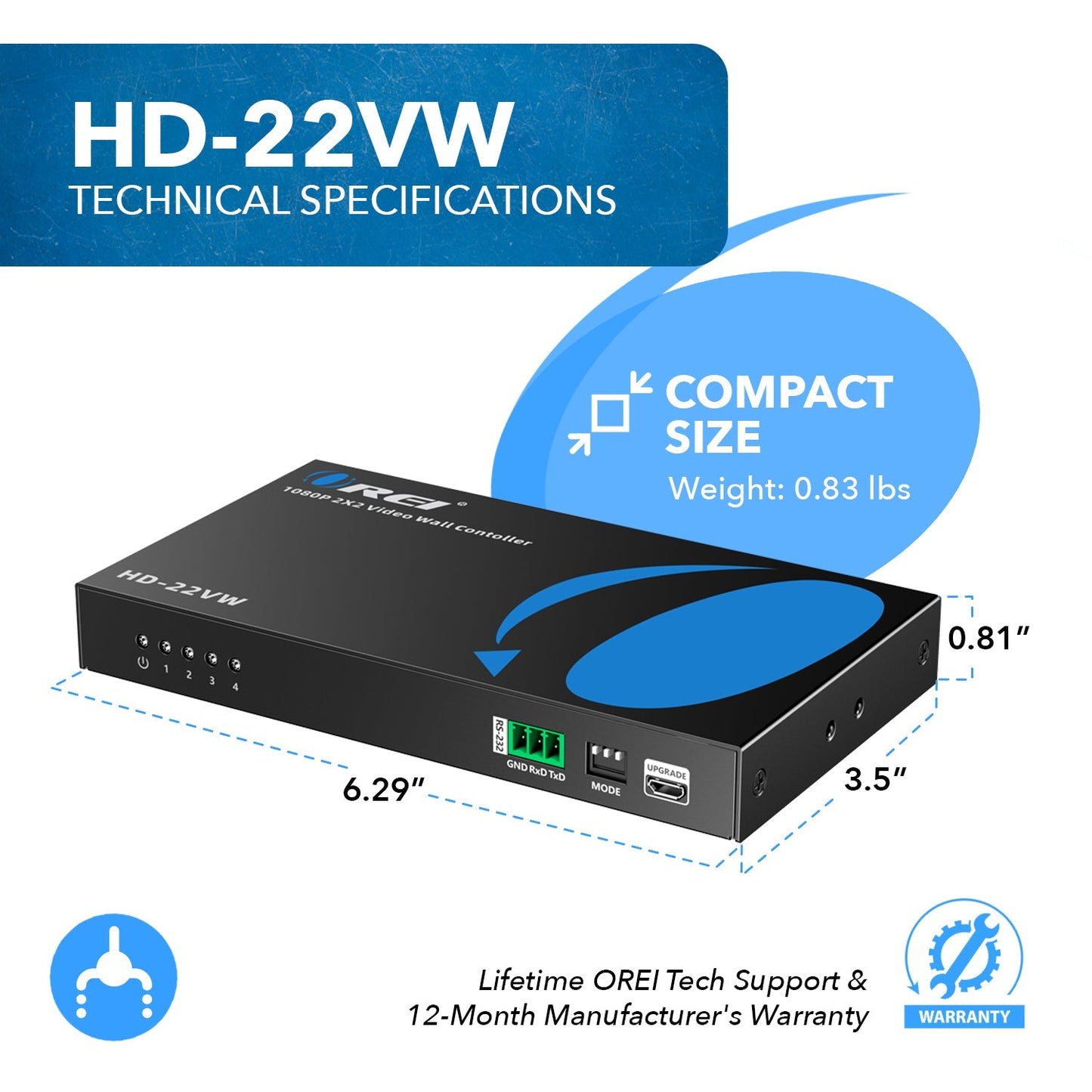 2x2 Full HD Video Wall Controller with Audio Extraction & RS-232 (HD-22VW)