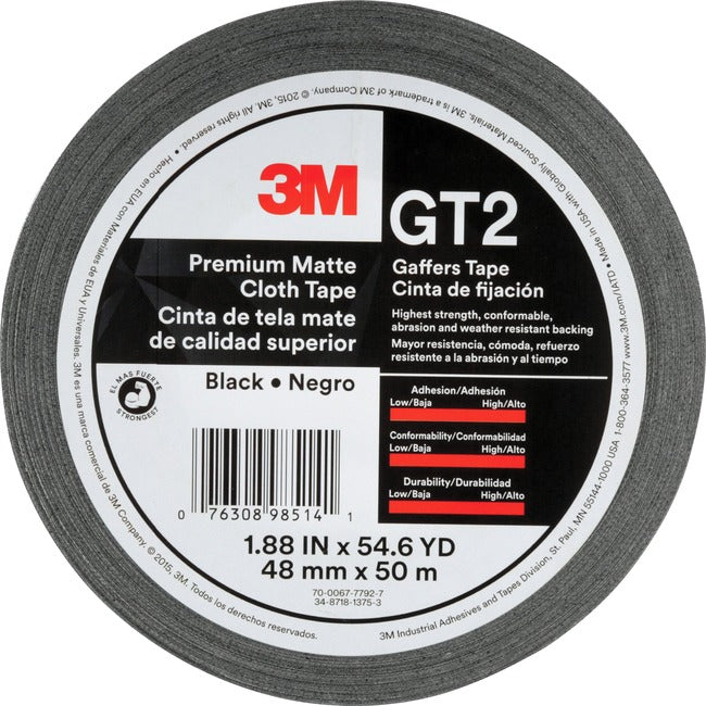 3M Premium Matte Cloth (Gaffers) Tape Gt2, Black, 48 Mm X 50 M, 11 Mil