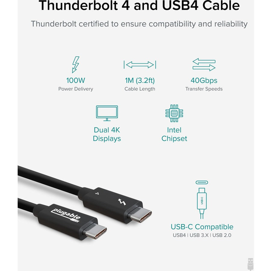 3.2Ft/1M Plugable Tbt4-40G1M,Thunderbolt 4 Cable