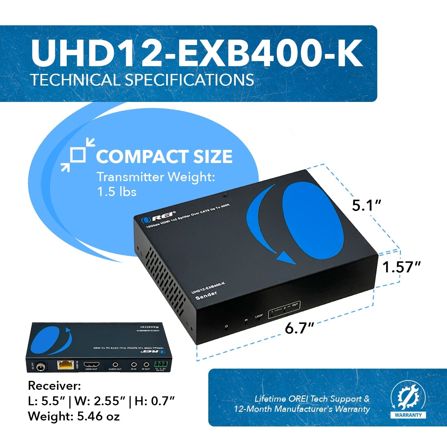 4K 1x2 HDMI Extender Splitter over CAT 6 up to 400 feet with PoC, one-way IR control, EDID management (UHD12-EXB400-K)