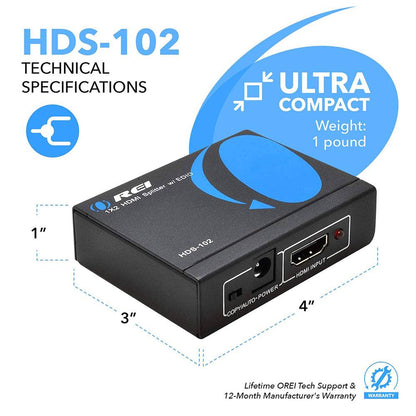 4K 1x2 HDMI Splitter: 1-in 2-out, EDID (HDS-102)