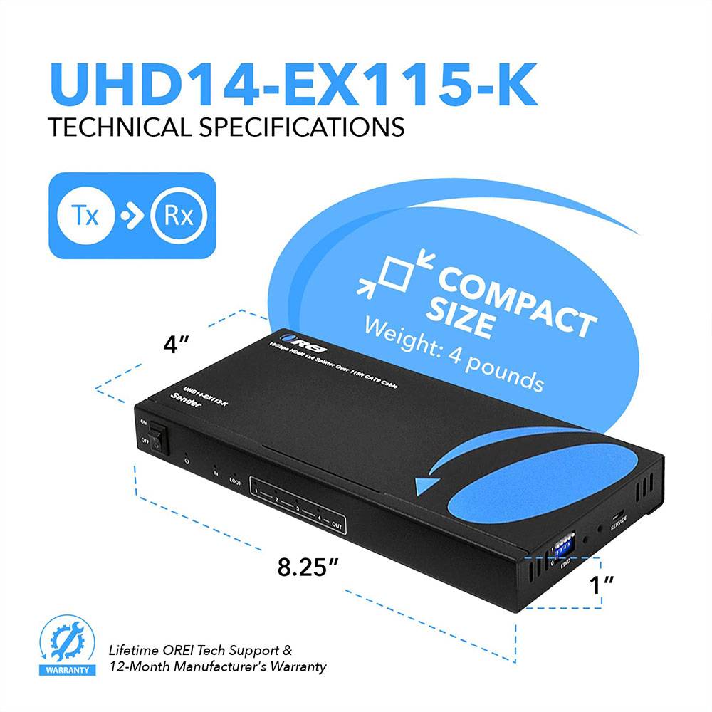 4K 1x4 HDMI Extender Splitter over CAT 6 up to 115 feet with one-way IR control (UHD14-EX115-K)