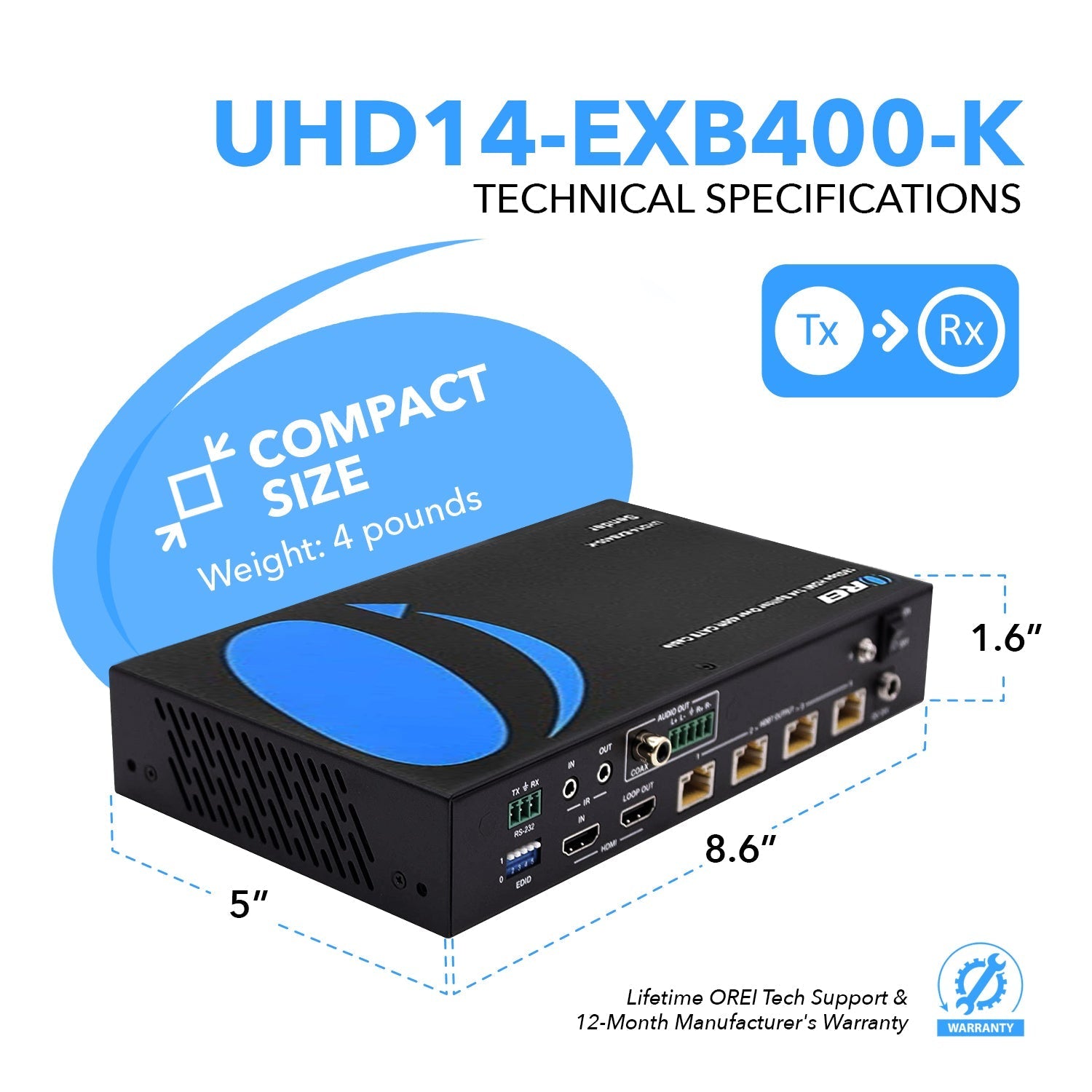 4K 1x4 HDMI Extender Splitter over CAT 6 up to 400 feet with PoC, one-way IR control, EDID management (UHD14-EXB400-K)