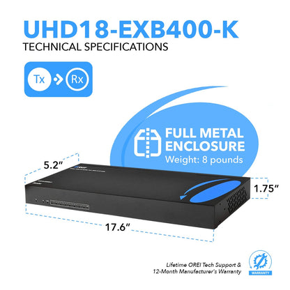 4K 1x8 HDMI Extender Splitter over CAT 6 up to 400 feet with PoC, one-way IR control, EDID management (UHD18-EXB400-K)