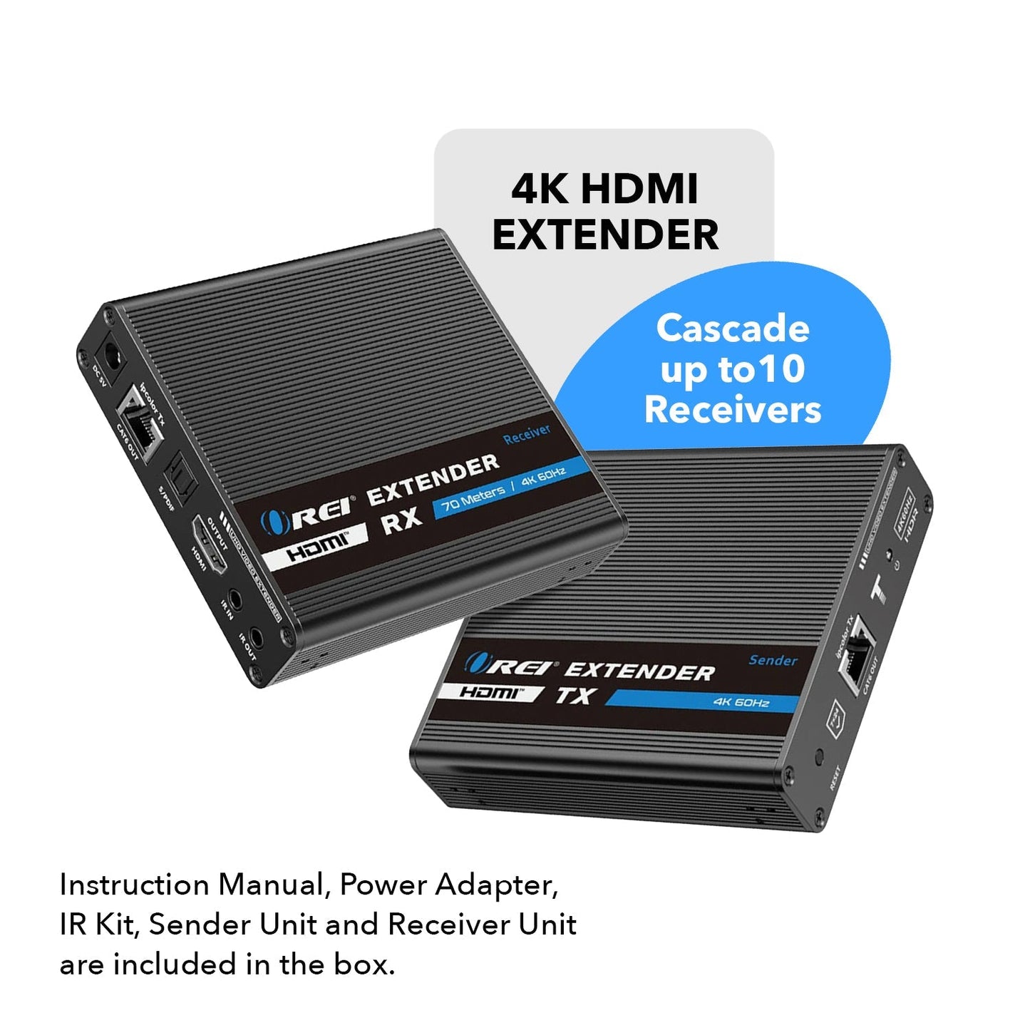 4K HDMI Extender Balun up to 230Ft Over CAT6/7 - One to Many Cascade 4K@60Hz 4:4:4 with HDR, Downscaling (UHD-IPC230-CS)