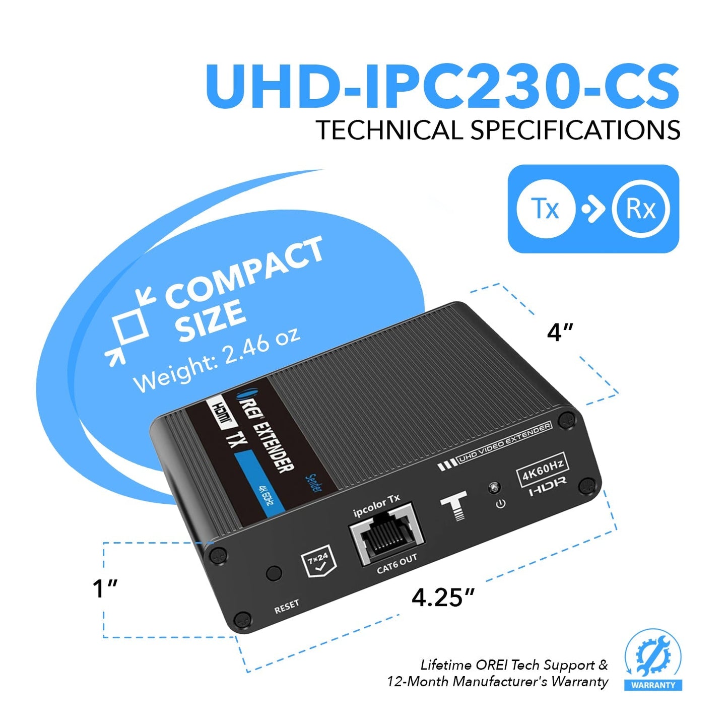 4K HDMI Extender Balun up to 230Ft Over CAT6/7 - One to Many Cascade 4K@60Hz 4:4:4 with HDR, Downscaling (UHD-IPC230-CS)