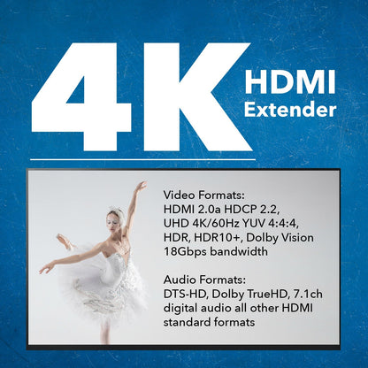 4K HDMI Extender Over CAT6/7 RJ45 4K@60Hz with Audio Extractor Optical IR up to 230 Feet (UHD-EX230A-K)