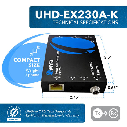 4K HDMI Extender Over CAT6/7 RJ45 4K@60Hz with Audio Extractor Optical IR up to 230 Feet (UHD-EX230A-K)