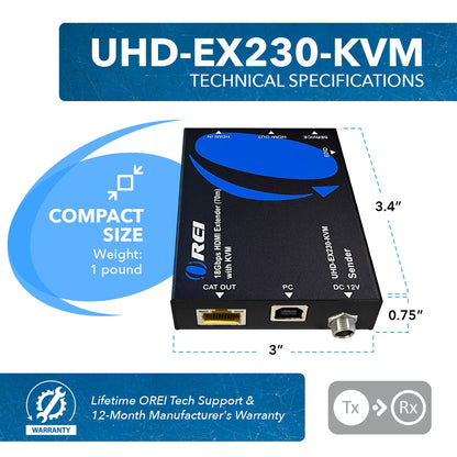 4K HDMI Extender Over CAT6/7 With KVM & HDMI Loop-Out 4K@60Hz Up To 230 Ft (UHD-EX230-KVM)