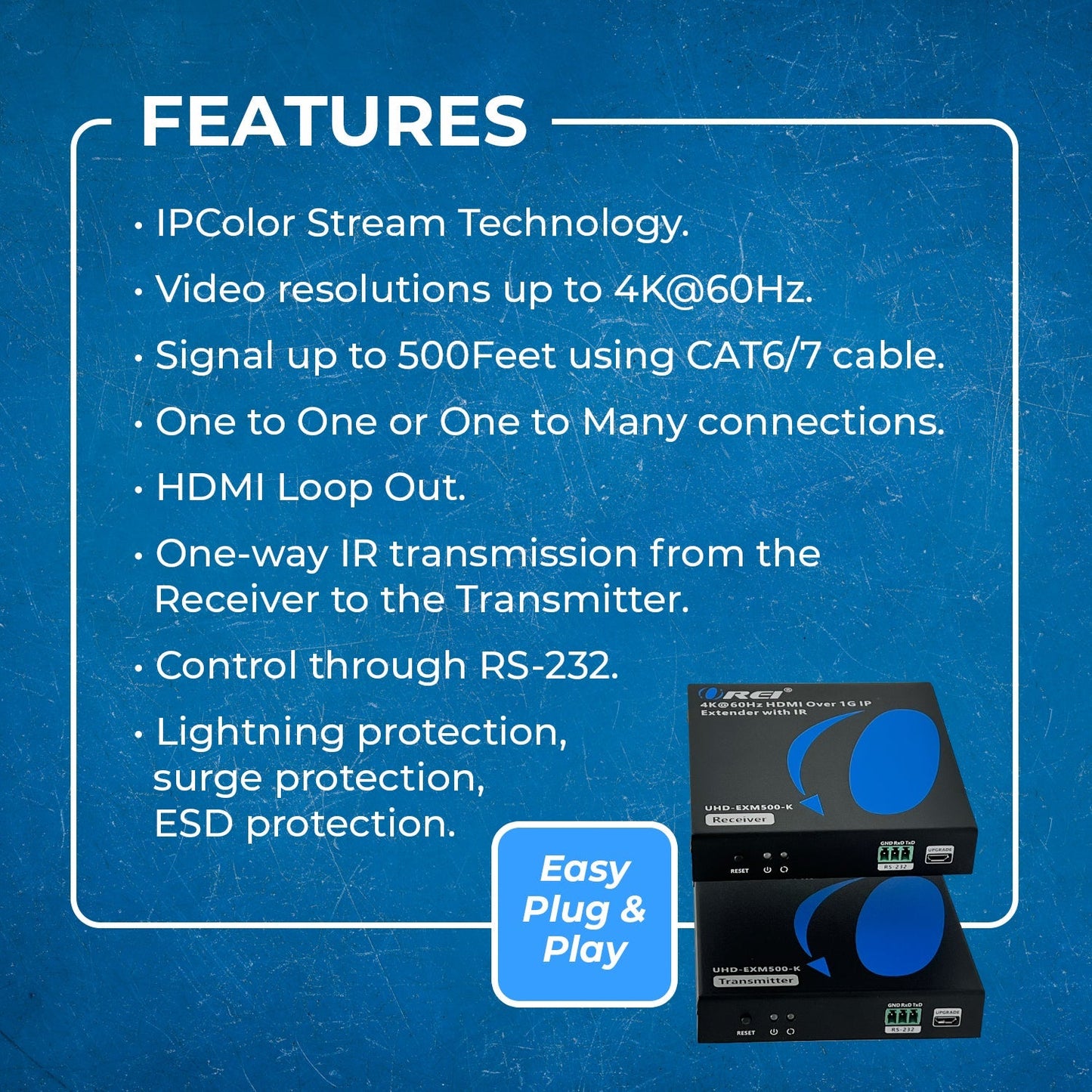 4K HDMI Extender Over Cat6/7 Cable Upto 500 Ft - - IR & RS-232 (UHD-EXM500-K)