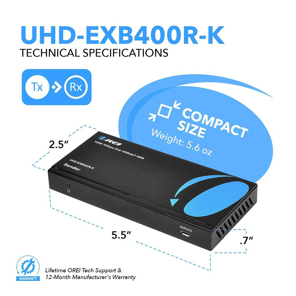 4K HDMI Extender with HDBaseT over CAT 6/7 up to 400 feet with IR control and loopout (UHD-EXB400R-K)