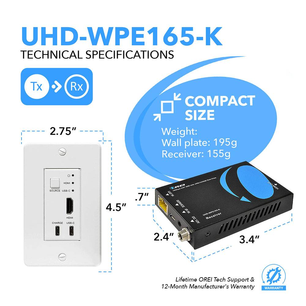 4K HDMI/USB-C Extender Over Single CAT6/7 with 4K@60Hz Wall Plate Transmitter, HDR & IR Control Upto 165ft (UHD-WPE165-K)