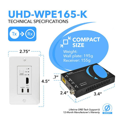 4K HDMI/USB-C Extender Over Single CAT6/7 with 4K@60Hz Wall Plate Transmitter, HDR & IR Control Upto 165ft (UHD-WPE165-K)