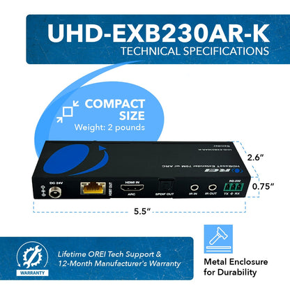 4K UHD HDMI Extender With HDBaseT Over CAT5e/6/7 Supports ARC & Bi-Directional IR Control up to 230 Ft (UHD-EXB230AR-K)