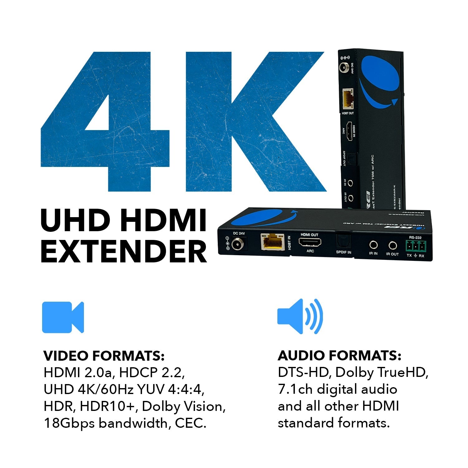 4K UHD HDMI Extender With HDBaseT Over CAT5e/6/7 Supports ARC & Bi-Directional IR Control up to 230 Ft (UHD-EXB230AR-K)