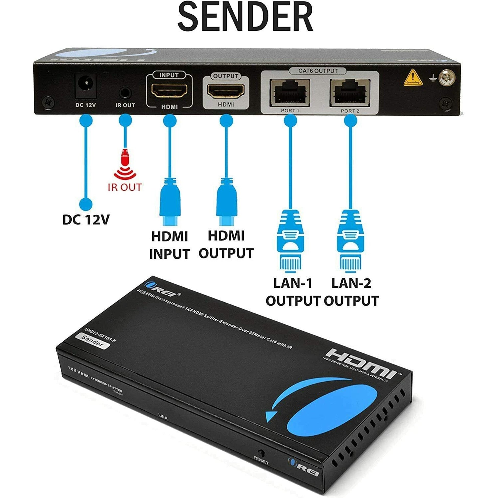 4K UltraHD 1x2 HDMI Extender Splitter Over CAT6/7 Up to 100 Ft with IR Remote & Loop-out (UHD12-EX100-K)