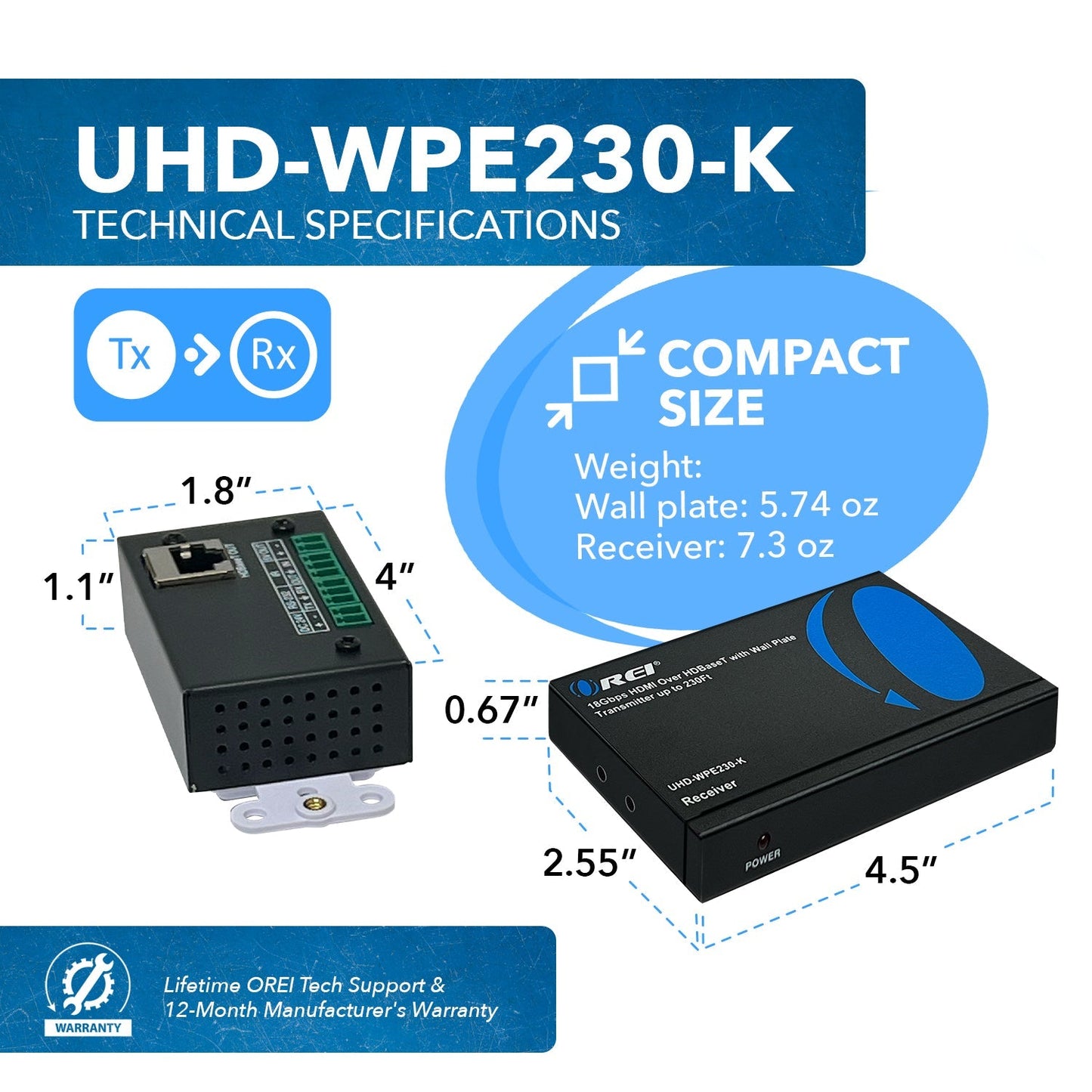 4K Wall Plate HDMI Extender over CAT 6/7 upto 230 feet with HDBaseT (UHD-WPE230-K)