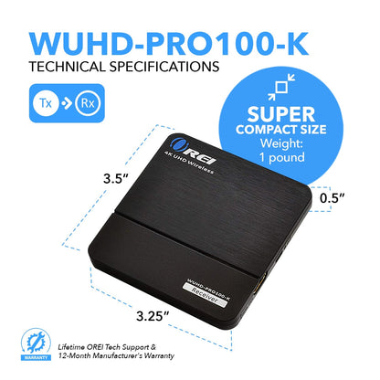 4K Wireless HDMI Transmitter & Receiver Extender by OREI - Up to 100 Feet - 0 Latency - Perfect for Streaming from Laptop, PC, Cable, Netflix, YouTube, PS4 to HDTV/Projector (WUHD-PRO100-K)