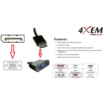 4Xem 10 Inch Displayport To Vga Adapter Cable 4Xdpvgas615Aa