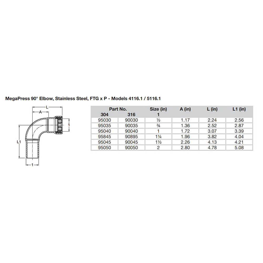 Viega MegaPress 3/4" 90&deg; Stainless Steel 304 Elbow Street - Press Connection - Smart Connect Technology