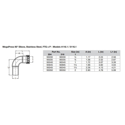 Viega MegaPress 3/4" 90&deg; Stainless Steel 304 Elbow Street - Press Connection - Smart Connect Technology