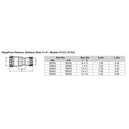 Viega MegaPress 1" x 3/4" Stainless Steel 304 Reducer - Double Press Connection - Smart Connect Technology