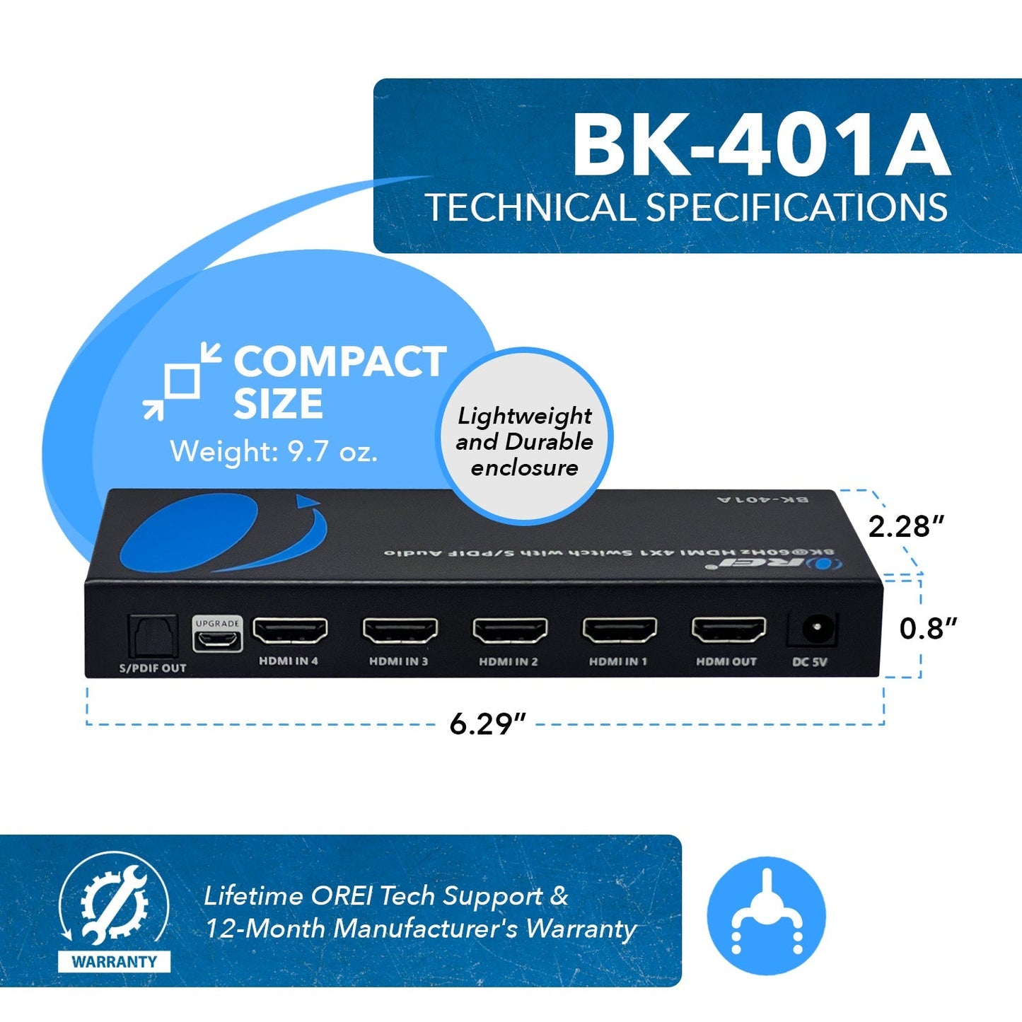 8K 4x1 HDMI Switcher with Audio Extraction (BK-401A)