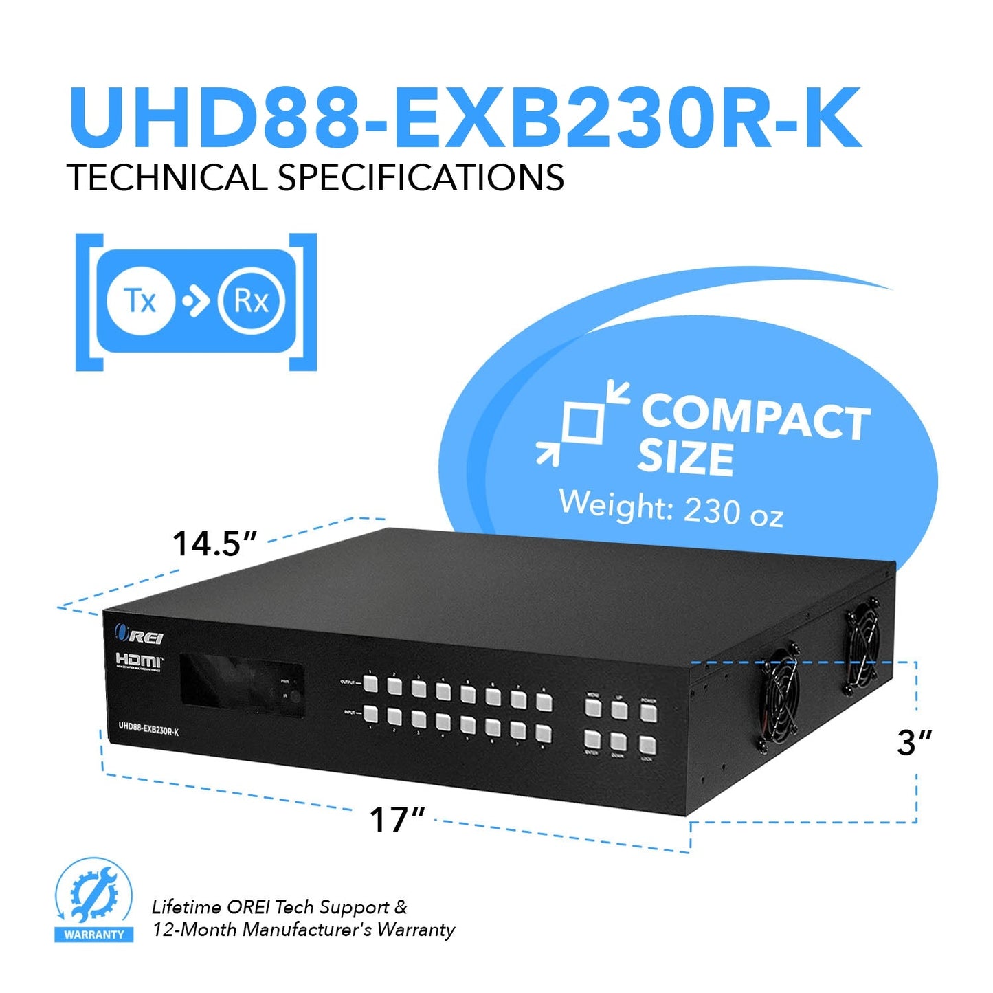 8x8 HDMI Matrix Switcher Extender & HDBaseT Over CAT5e/6/7 Cable (UHD88-EXB230R-K)