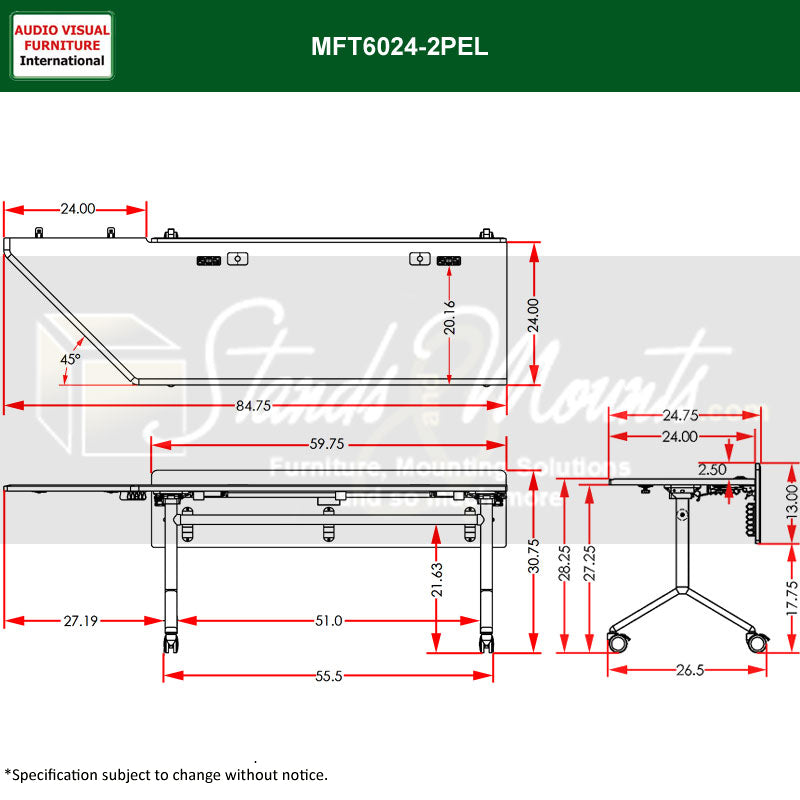 Audio Visual Furniture Modular Folding Table (2 Person, End Left) MFT6024-2PEL
