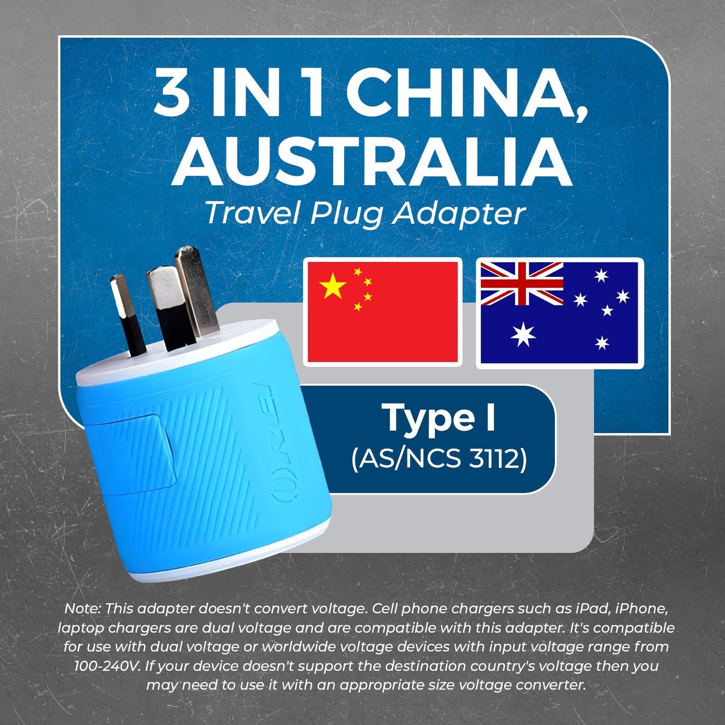 Australia, New Zealand Travel Adapter - 3 in 1 - 2 USB - Type I - Compact Design (U2U-16)