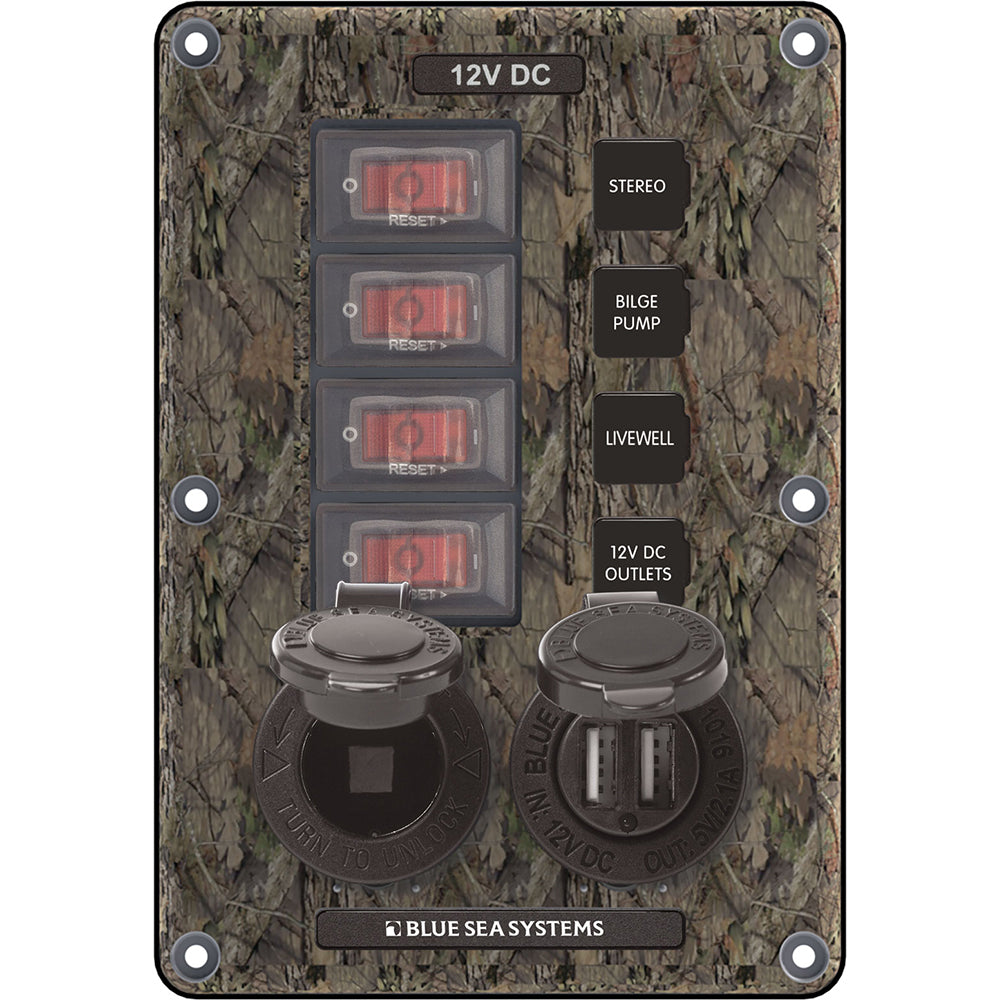 Blue Sea 4324 Circuit Breaker Switch Panel 4 Postion - Camo w/12V Socket &amp; Dual USB