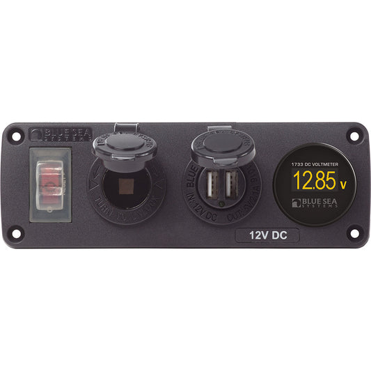 Blue Sea 4366 Water Resistant USB Accessory Panel - Circuit Breaker, 12V Socket, Dual USB Charger, Mini Voltmeter